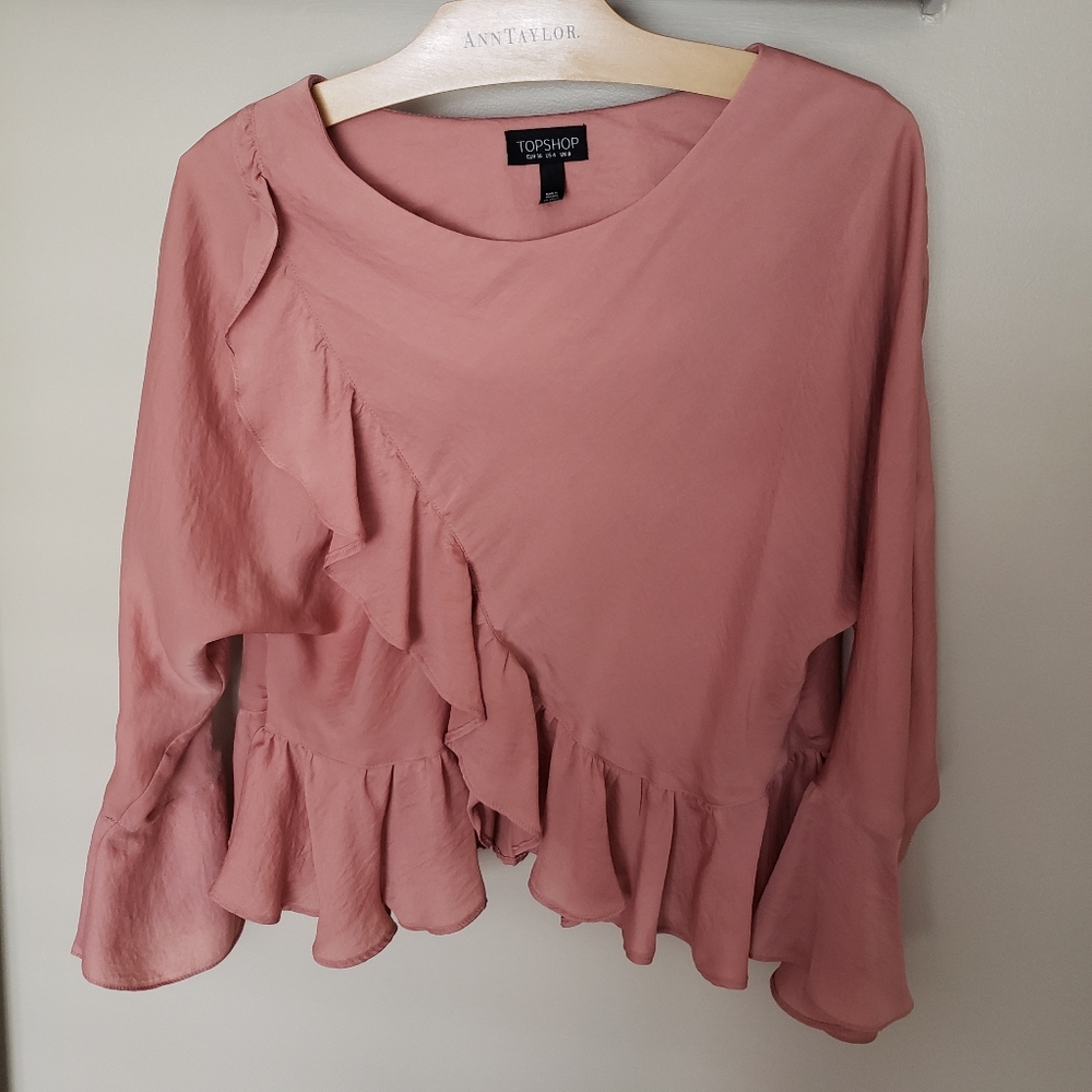 Topshop Satin Ruffle Blouse - DUSTY ROSE - SIZE 4